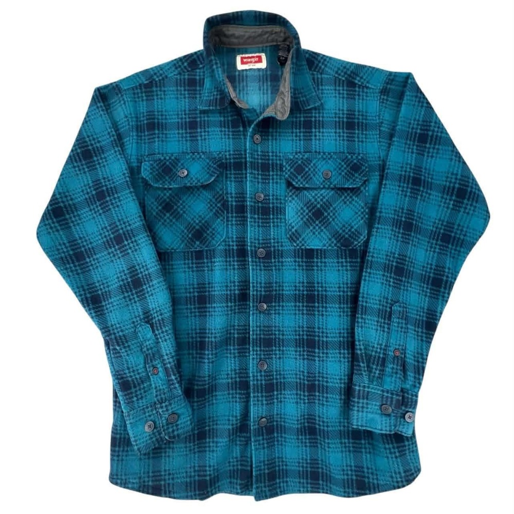 Wrangler Fuzzy Brushed Flannel Shirt Mens S Teal Navy Plaid Long Sleeve EUC